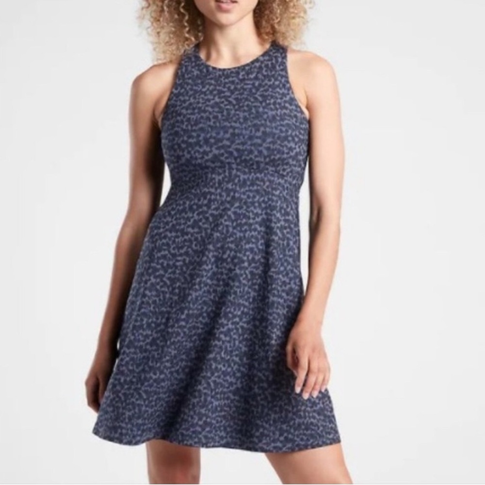 ATHLETA Santorini Thera Printed Mini A-line Dress Blue/Black Sleeveless Sz Large